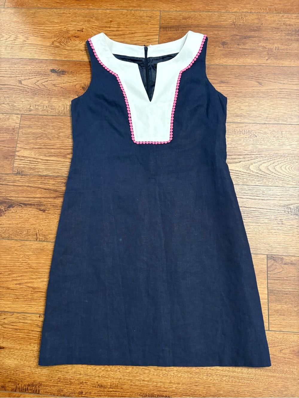 Kensie Navy Linen Blend Shift Dress Pink Trim Size 6